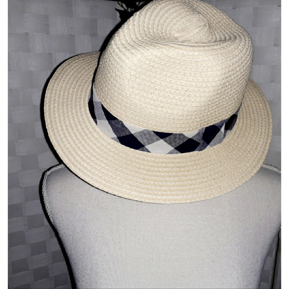 Loft Tan Packable Straw Fedora Hat - Plaid Bandage - Picture 9 of 15